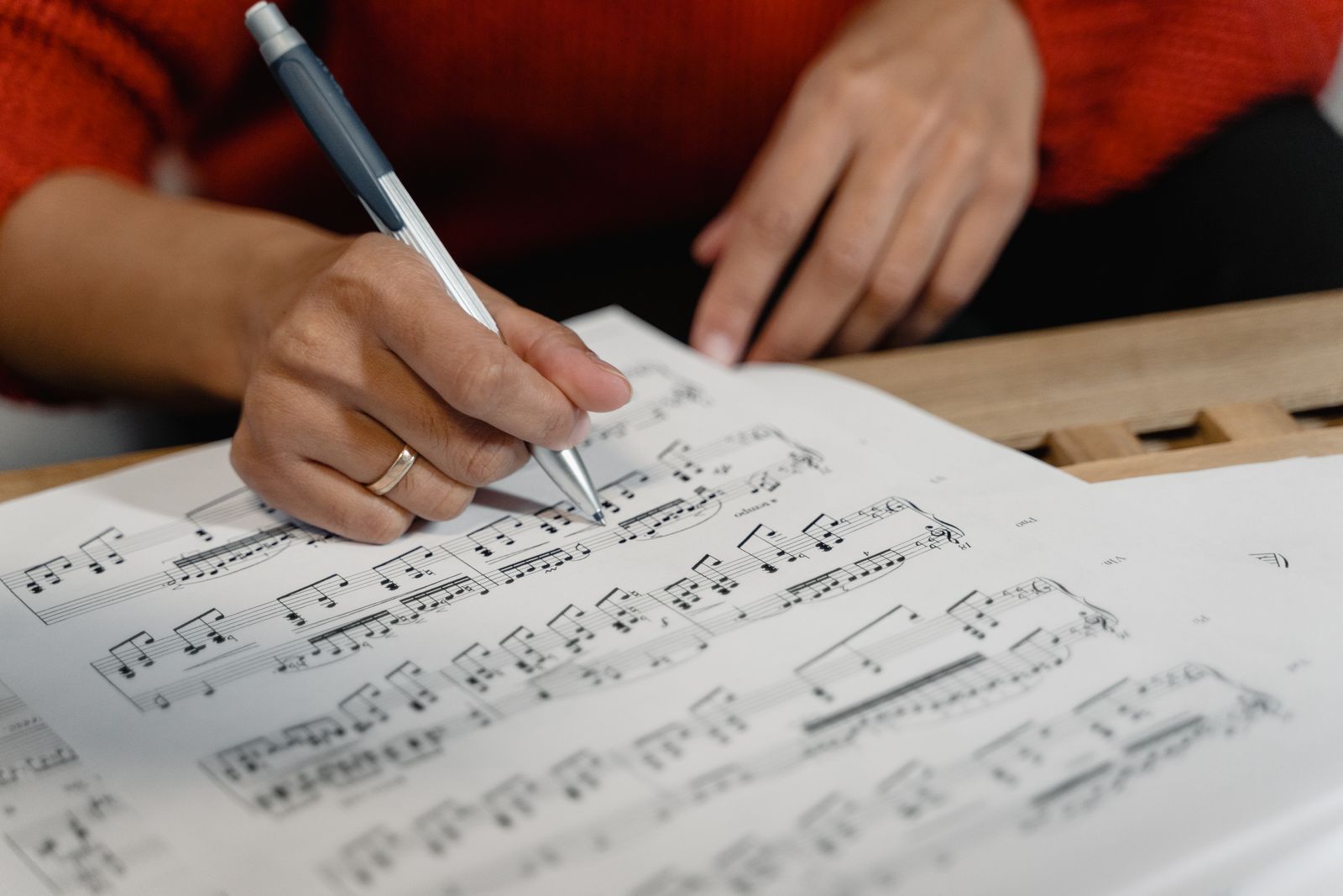 Stock photograph of handwritten annotations on sheet music