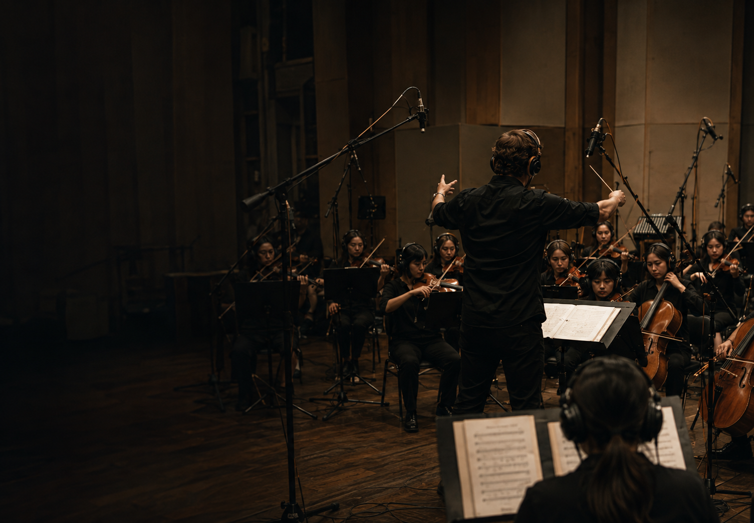 Illustrative orchestral recording session with a conductor and string players